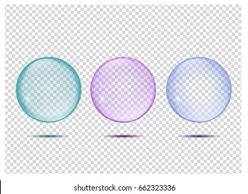 three different transparent balls with shadows on a transparent background
