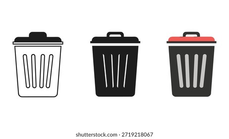 Drei verschiedene Mülleimer-Symbole mit verschiedenen Deckelfarben