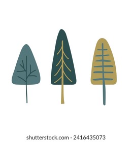 Three different trees on a white background. Clipart, deciduous trees, conifers, spruce, fir tree, pine