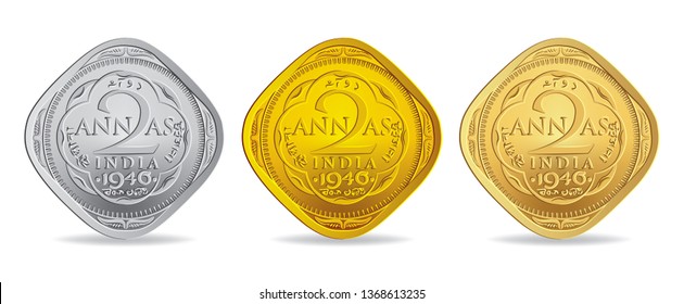 Three different Two annas indian coins in vector illustration