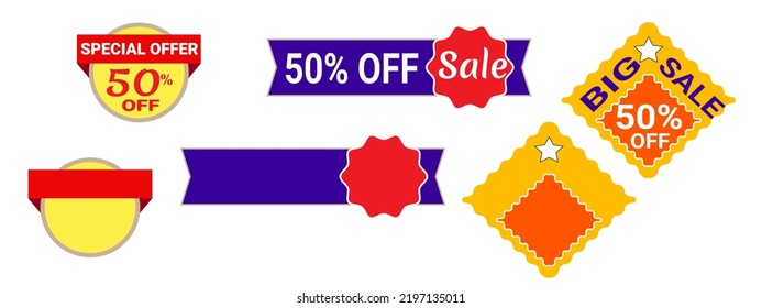 Three different type 50% of Sale discount tag, banner, label with three blank template for any kind of text. Vector illustration for sale or discount promotion. Illustration EPS 10 File.
