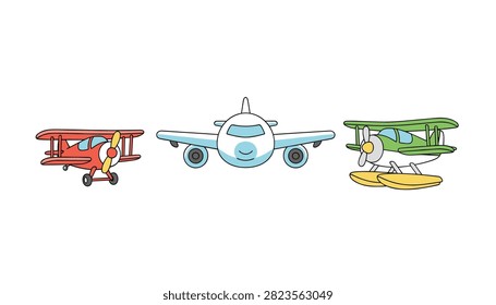 Three different types of airplanes including a red vintage biplane, a white commercial passenger jet, and a green seaplane flying together.