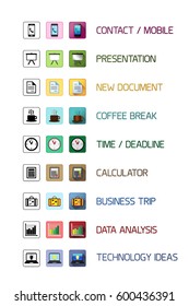 Three different types of colorful business icons. 