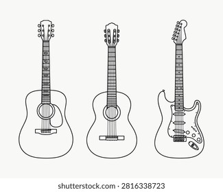 Three different types of guitars line on a white background