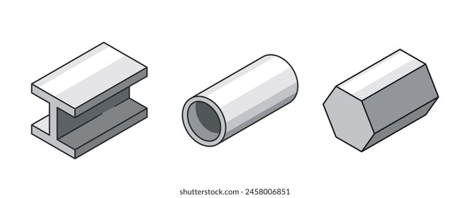 Three Different Types Of Metal Pipes. I-beam, Cylindrical And Hexagonal Bar Used In Construction And Engineering