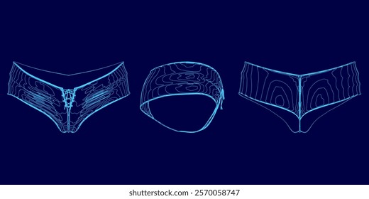 Three different types of panties are shown in a blue background. The panties are shown in different positions and angles, with one being a pair of thongs and the other two being a pair of panties