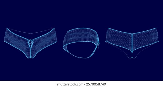 Three different types of panties are shown in a blue background. The panties are shown in a pixelated style, which gives the image a futuristic and abstract feel