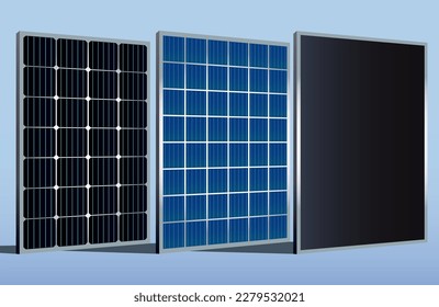 Three different types of solar panels. Alternative energy source. Illustrated solar cells.      