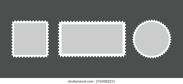 Three different types of white postage stamp shapes isolated on dark background
