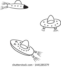 Three different UFO vehicles sketching vector illustration isolated on the white background
