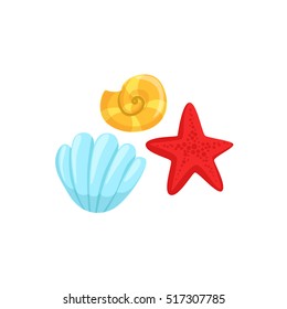 Three Different Underwater Organisms Set, Red Starfish, Yellow Shell And Blue Clam