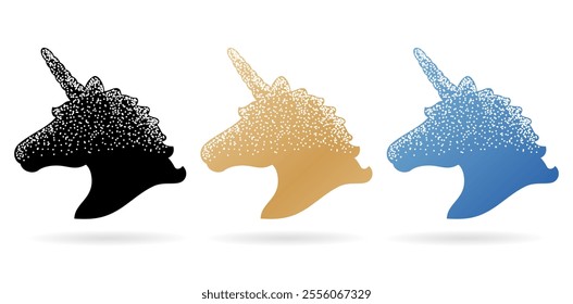 three different unicorn head designs in different colors isolated white backgrounds for accessories, invitation birthday cards, gift papers, screen printing glass, Branding identity campaigns clothing