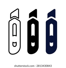 Three different utility knife icons are presented in a row on a clean white background, showcasing outline, solid black, and solid dark blue styles