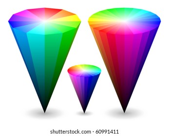 Three different vector color cones representing RGB color space