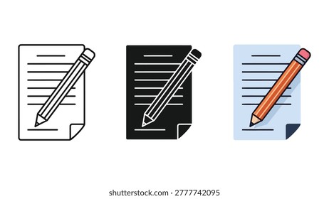 Three different vector illustrations depict a pencil writing on a sheet of paper. Styles include outline, solid silhouette, and flat color.
