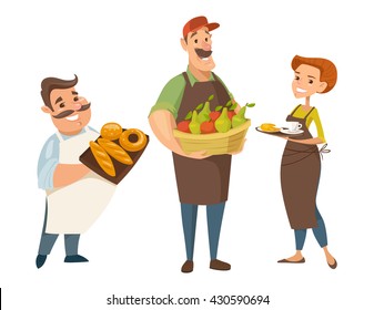 Three different vector professions designs. Backer, farmer and waiter. People cartoon style character designs. 