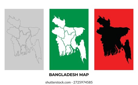 Three different versions of the bangladesh map displaying the country's geography