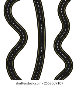 Three different vertical seamless roads on white background. asphalt road top view. highway infographic templates. winding roadway for car with yellow, white stripe line