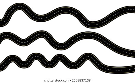 Three different vertical seamless roads on white background. highway infographic templates. asphalt road top view. winding roadway for car with yellow, white stripe line