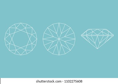 Three Different views of large diamond cutting, side, top and bottom, outline icon