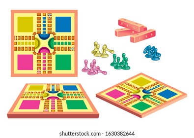 Three different views of ludo game board and the coins and long cuboid dices in vector illustration