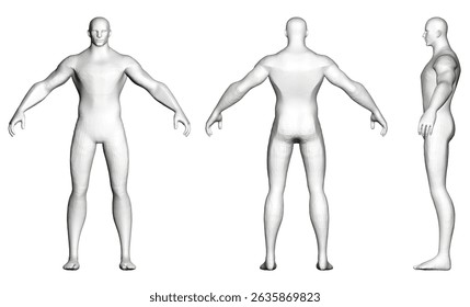 Three different views of a man's body. The first is a full body shot, the second is a front view, and the third is a side view. The man is dressed in all white, and the images are in black and white