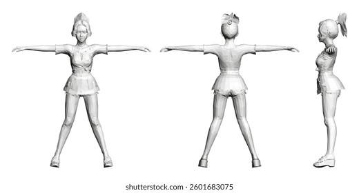 Three different views of a woman in a white outfit. The first is a full body shot, the second is a side view, and the third is a front view. The woman is wearing a white outfit