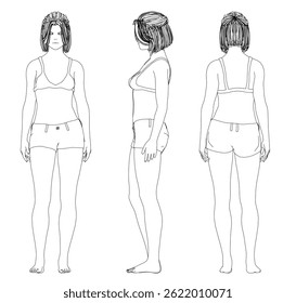 Three different views of a woman's body. The first is a full body shot, the second is a side view, and the third is a front view. The woman is wearing a bikini top and shorts