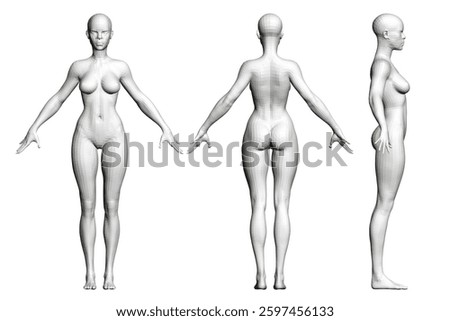 Three different views of a woman's body, all in white. 3D
