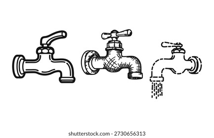 Three different vintage style faucet designs with handles water taps