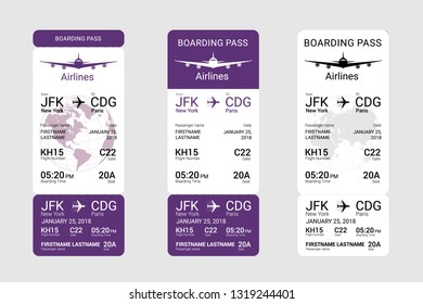 Three different violet boarding pass isolated on a gray background. Vector illustration.