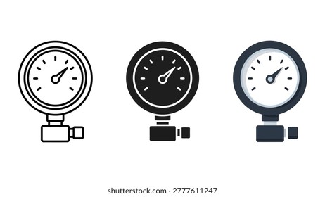 Three different visual representations of a pressure gauge are shown: a simple line art icon, a solid black silhouette, and a flat design with color. Each depicts a circular dial with a needle indicating measurement.