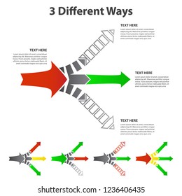 Three different ways. Red, green and gray diverging dotted arrows set. Vector infographic design element.