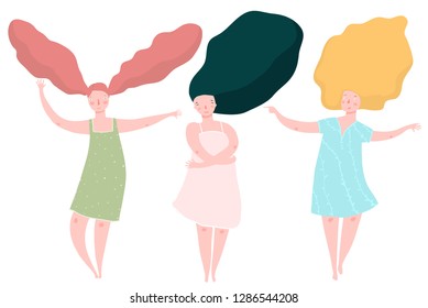 Three Different Women with Long Hair. Blond black and red hair women isolated clip art.
