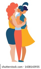 Three different women and men polyamorist gay homosexual lesbian hugging and kissing together. Multiethnic gruop of lovers. Rainbow colored vector illustration poster flat style