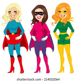 Three different women posing in superhero outfit ready for Halloween party