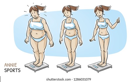Three different women standing on scales, fat overweight, plump and slim. Fitness studio training and weight loss. Hand drawn cartoon sketch vector illustration, whiteboard marker style coloring. 