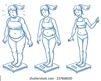 Three different women standing scales  fat overweight  plump   slim  Fitness studio training weight loss  Hand drawn doodle vector illustration 