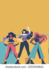 Three different women symbolize the fight for women's rights. Woman raises her hand up in a clenched fist, Bright vector illustration with space for text. Ideal for equality, feminism