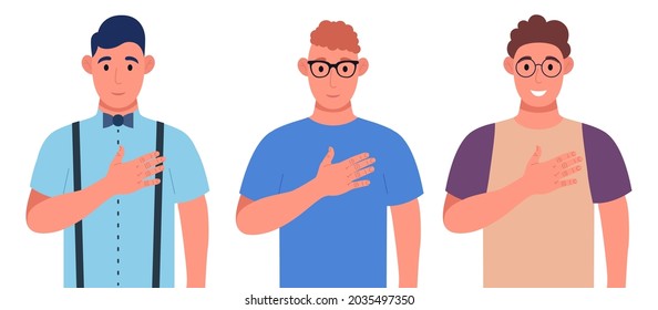 Three different young men expresses they positive feeling to people, keep hands on chest or heart. Character set. Vector illustration.