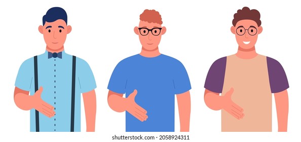 Three different young men giving hand shake pose and smiling with welcome gesture. Character set. Vector illustration.