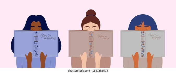 Three different young women read books. Girl power and self esteem concept. You're smart, beautiful and interesting. Positive mindset - self acceptance and confidence. Love yourself. Vector banner