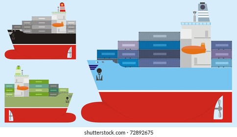 Three different-colored container ships isolated on a light blue background - color vector cartoon illustration