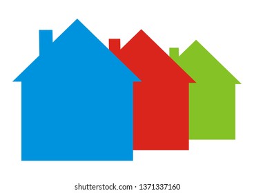 three differently colored houses, vector icon