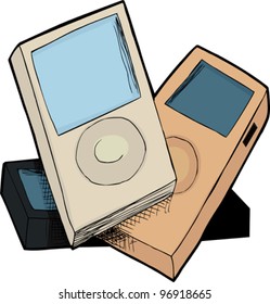 Three digital devices in a pile over white background