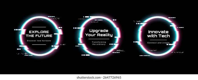 Tres círculos de marco digital con Vector de marco de fallo para el futuro concepto y descubrimiento. Diseño de tecnología futurista.