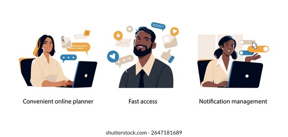 Três ilustrações digitais que mostram o planejamento on-line, o acesso rápido ao conteúdo e o gerenciamento de notificações em um ambiente de negócios moderno.