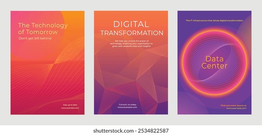 Tres carteles de transformación digital con diseños abstractos. Destacando la tecnología, la transformación digital y los centros de datos en colores. Transformación digital, colorido conjunto de Vectores de Plantilla de póster.