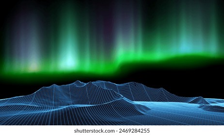 Three dimension Line art vector of aurora borealis above a mountain range