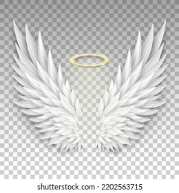 Three dimensional angel white wings and shiny nimbus. Masquerade, festival, carnival costume. Realistic saint aureole (halo) and wings isolated on transparent background. Vector illustrator EPS 10